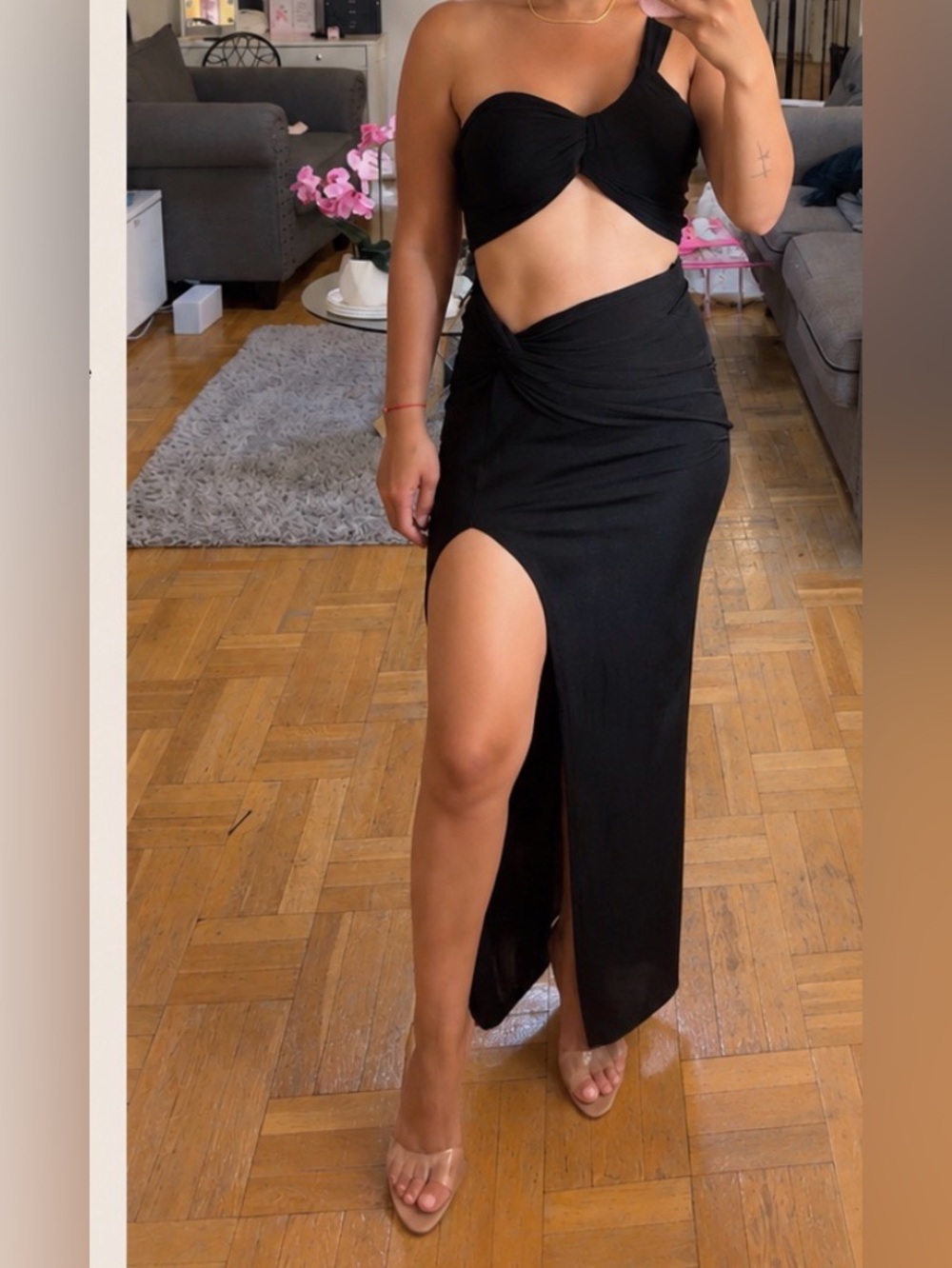 Amazon Black One-Shoulder High-Slit Maxi Skirt Set